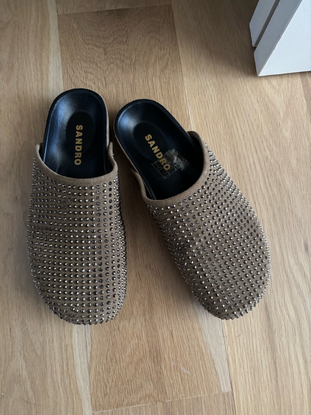 Sandro Taupe Suede Rhinestone Studded Slip-On Mules